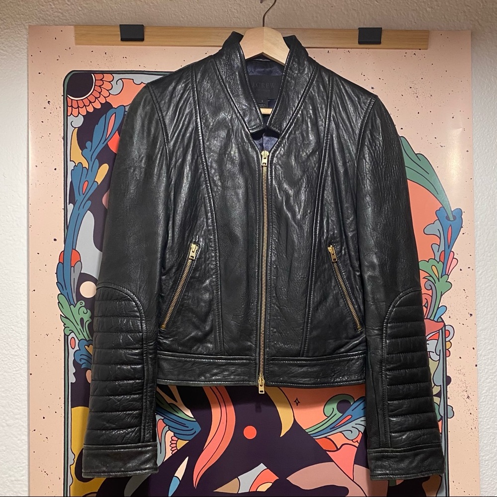 J. Crew Collection Standing Collar Leather Jacket, Black - 6
